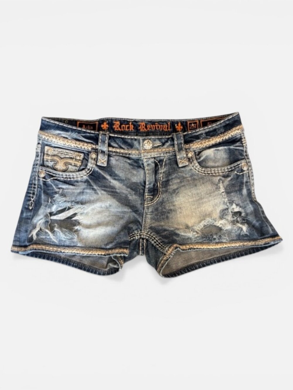 Rock Revival Arlia Destroyed Embroidered Denim Shorts Size 29 Low Rise Y2K